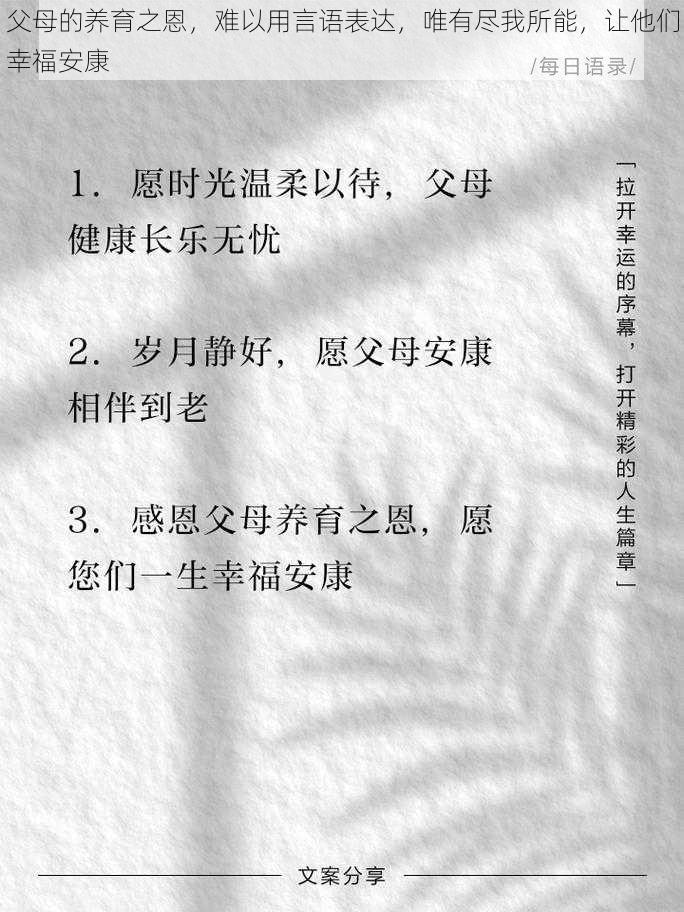 父母的养育之恩,难以用言语表达,唯有尽我所能,让他们幸福安康