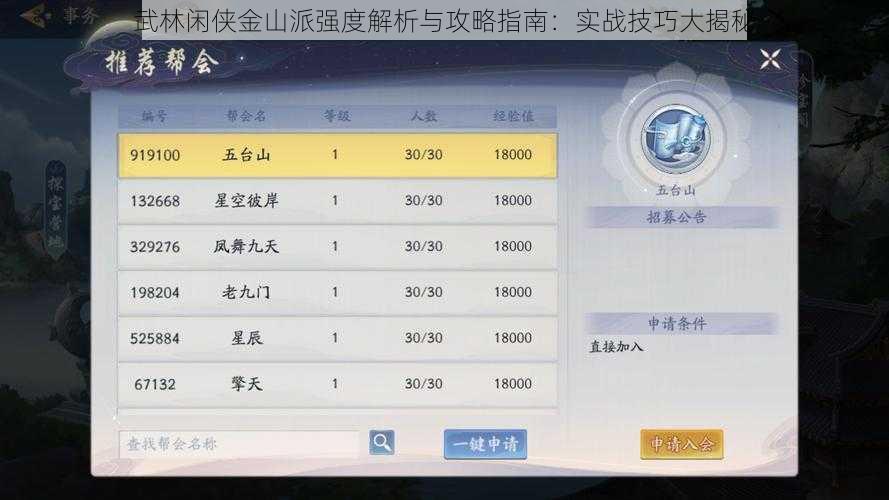 武林闲侠金山派强度解析与攻略指南:实战技巧大揭秘