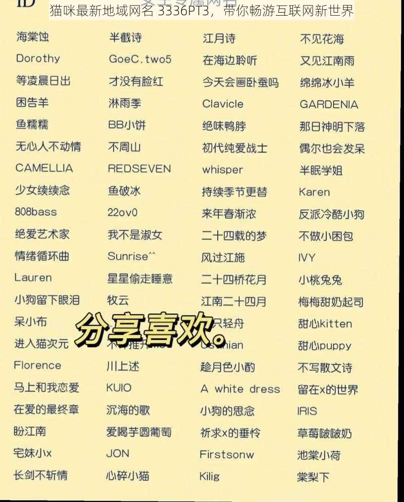 猫咪最新地域网名 3336PT3,带你畅游互联网新世界