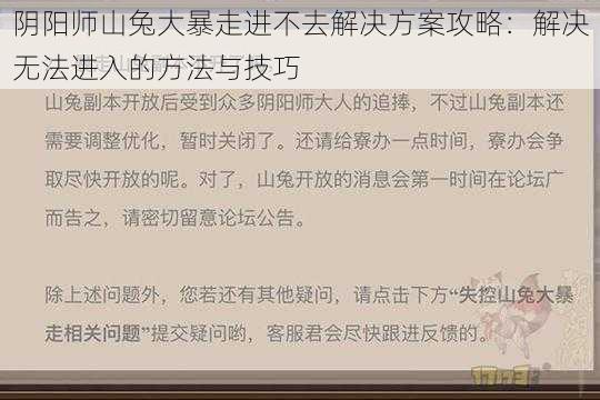 阴阳师山兔大暴走进不去解决方案攻略:解决无法进入的方法与技巧
