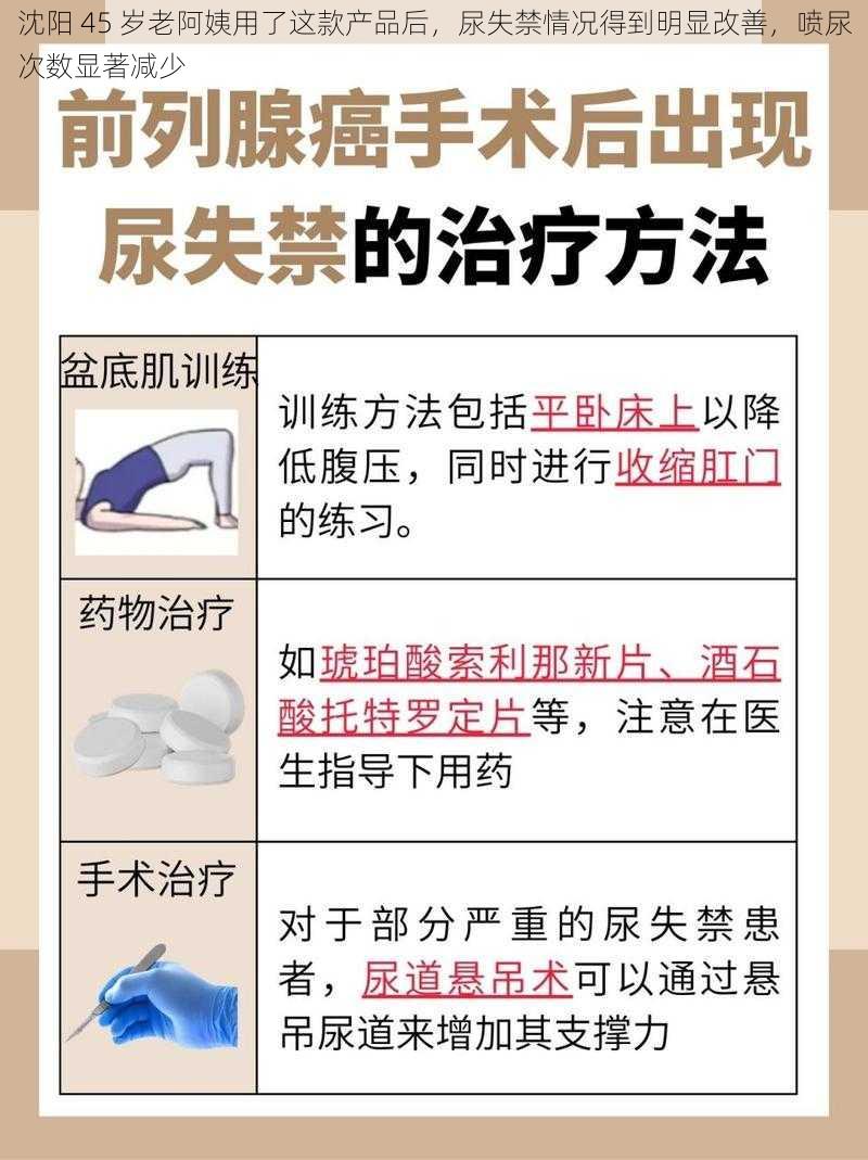 沈阳 45 岁老阿姨用了这款产品后,尿失禁情况得到明显改善,喷尿次数显著减少