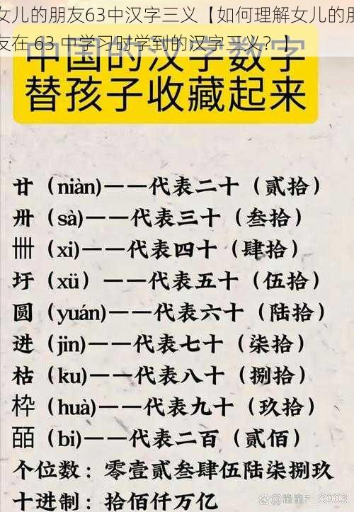 女儿的朋友63中汉字三义【如何理解女儿的朋友在 63 中学习时学到的汉字三义?】