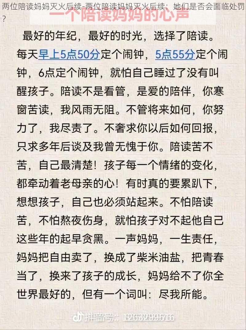 两位陪读妈妈灭火后续-两位陪读妈妈灭火后续:她们是否会面临处罚?