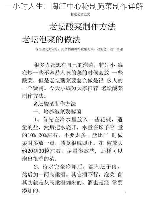 一小时人生:陶缸中心秘制腌菜制作详解